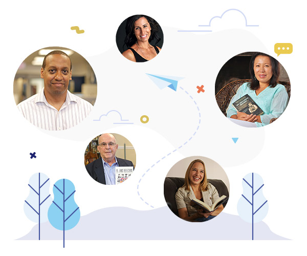 iUniverse authors scattered in circles in front of a white illustrated background with trees, clouds, and a paper airplane. 
