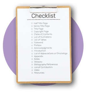 checklist to keep track of the sections  of your book